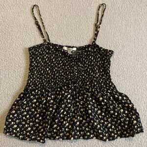 Papaya Tank Top Medium Floral Flare Stretch Smocked Black Yellow Cottage Y2K
